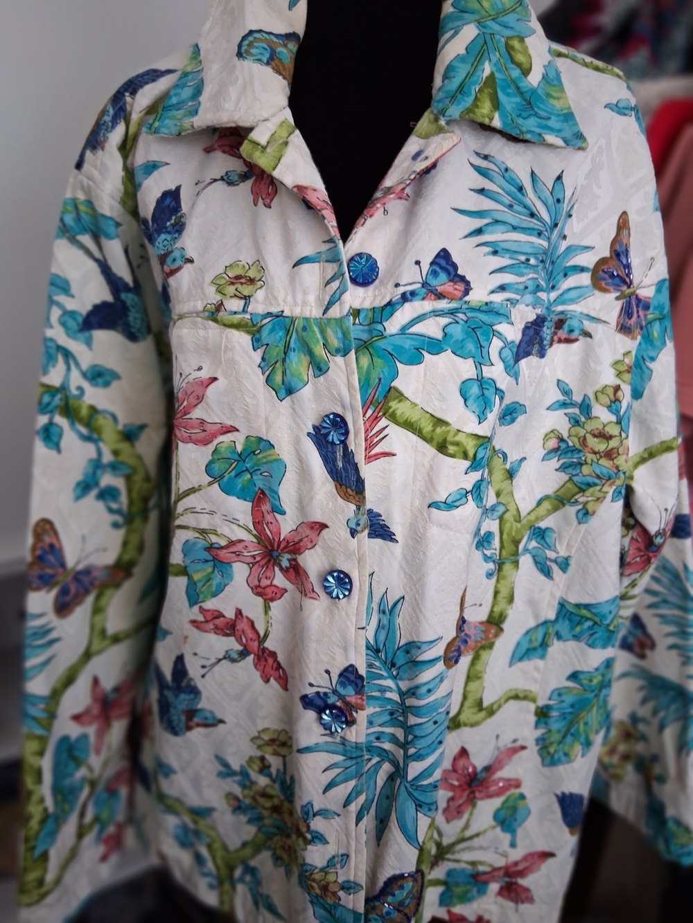 Tropical Floral Women Cardie. Blue & Cream